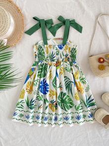 SHEIN Young Girl Tropical Print Spaghetti Strap Dress, Vacation Young Girls Dresses Kids Summer Dresses Kids Clothes Girls Tropical Print Sundress With Tie Shoulder Straps Kids Summer Beach Dress Toddler Girl Floral And Leaf Pattern Mini Dress With Bow Details Comfortable Summer Outfit For Play Tropical Print Kids Dress Casual Dress For Kids Beach Dress For Kids - White - View 5