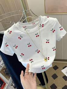 Resyla 女士时尚百搭水果数码印花修身短袖T恤，樱桃印花T恤，樱桃T恤，水果T恤 - 白色 - 查看 1