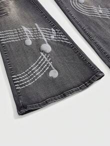 ROMWE Grunge Punk Women's Pocketed Button Distressed Music Note & Treble Clef Print Casual Versatile Daily Wear Flared Jeans - Black - View 4