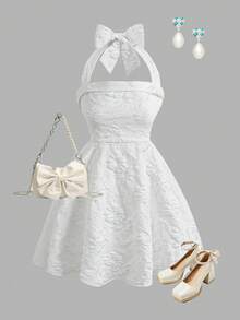 Girlism Teen Girls White Jacquard Halter Bow Elegant Dress - White - View 3