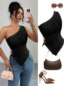 SHEIN Elenzya Top nou pentru femei, primăvară/vară/toamnă, casual, pentru naveta/călătorii, material texturat, tiv asimetric, umeri asimetrici oblici, design decorativ lateral metalic, potrivit pentru femei în toamnă, Ziua Îndrăgostiților, Anul Nou, sărbători, Halloween, Crăciun - Negru - Vizualizare 5