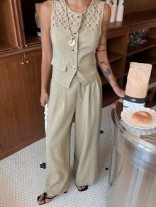 DAZY Women's Casual Lace Patchwork Faux Pocket Vest And Wide Leg Pants 2 Pieces Set, Spring/Summer - Apricot - View 5