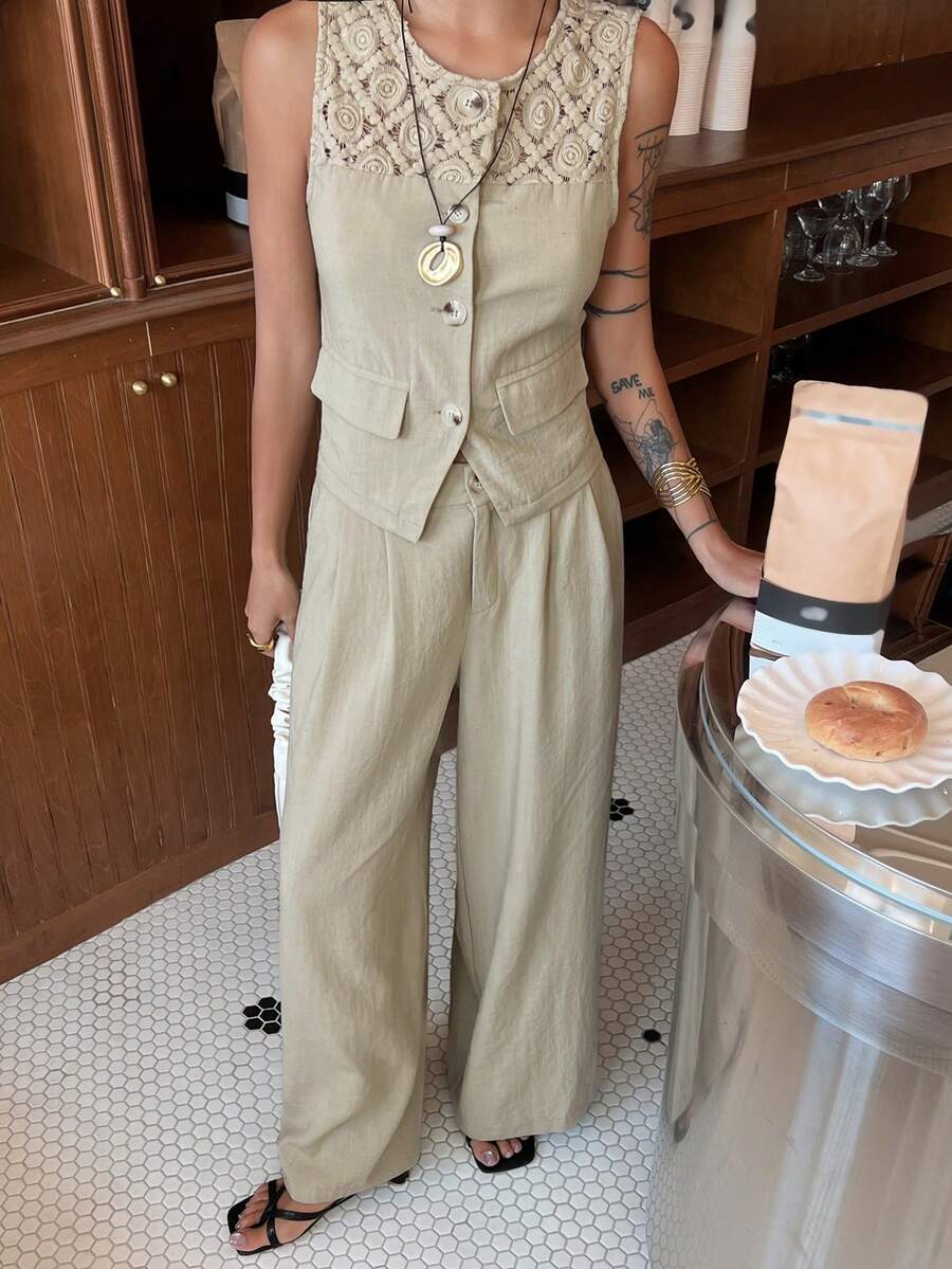 DAZY 女士休闲蕾丝拼接仿口袋背心和阔腿裤两件套，春夏款 - 杏色 - 查看 1