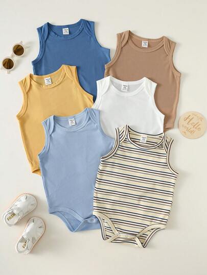 SHEIN 6pcs/Set Newborn Baby Boy/Girl/Unisex Casual Summer Cute Solid Color Knitted Sleeveless Romper, Basic Bodysuit Multi-Pack