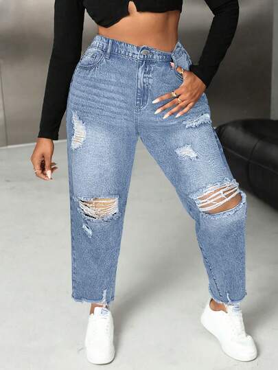 SHEIN SXY Plus Size Jeans Ripped Fit Tapered Pants Plus Size Black Jeans Black Jeans Pants Halloween Pants Going Out Bottoms Women Jeans Pants Fall Pants Denim Pants Fall Women Clothes Jeans Cowgirl Jeans