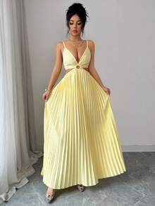 SHEIN Elenzya Spring/Summer New Sexy Elegant Casual Chic High-End Design Spaghetti Strap Bow Backless Fitted Pleated Dress For Women - Light Yellow - View 4