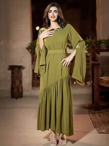 Layrah BA3048 橄榄绿菱形图案长袖复古优雅长款罩衫 - 橄欖綠 - 查看 5