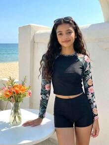 SHEIN Teen Girl Raglan Sleeve Tropical Plant Print Top And Shorts Swimsuit Set - Black - View 4