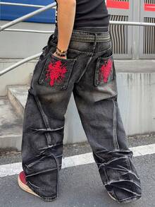 Manfinity EMRG Men's Vintage Streetwear Fashion Versatile Niche Distressed Back Pocket Embroidery Decorative Hardware D-Ring Design Loose Wide-Leg Jeans - Black - View 2