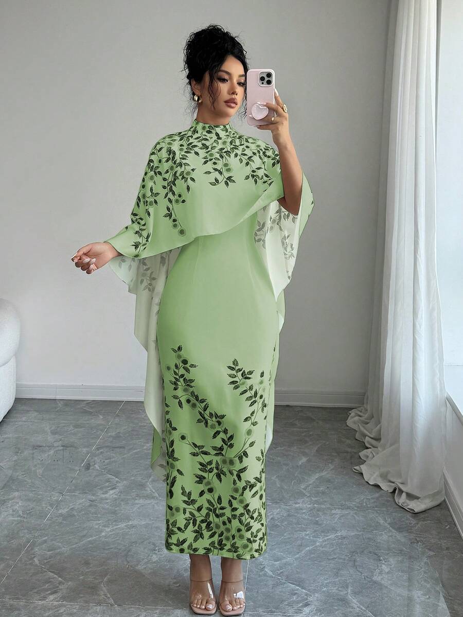 SHEIN Elenzya Đầm midi cổ cao thanh lịch in hoa kèm áo choàng - Màu xanh nhạt - Xem 1