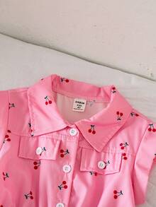 Young Girl' Cute Pink Cherry Print Collared Short Sleeve Romper, Casual & Versatile, Spring/Summer New Arrival - Pink - View 7