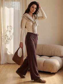 Anewsta Brown High Waist Elastic Waistband Loose Yoga Pants, Relaxed Fit Women's Workout Trousers - Coffee Brown - View 3