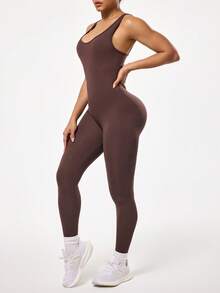 SHEIN Sports 女士无缝性感露背交叉绑带连体瑜伽运动服 - 棕色 - 查看 5