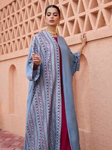 SHEIN Najma Printed Patchwork Hook Closure Long Sleeve Flared Women's Abaya - Blue - View 9