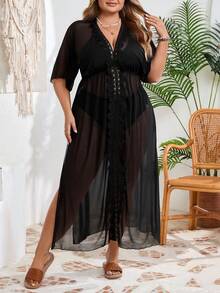 SHEIN CURVE+ Áo khoác đi biển màu đen trơn viền dành cho nữ cỡ lớn - màu đen - Xem 1