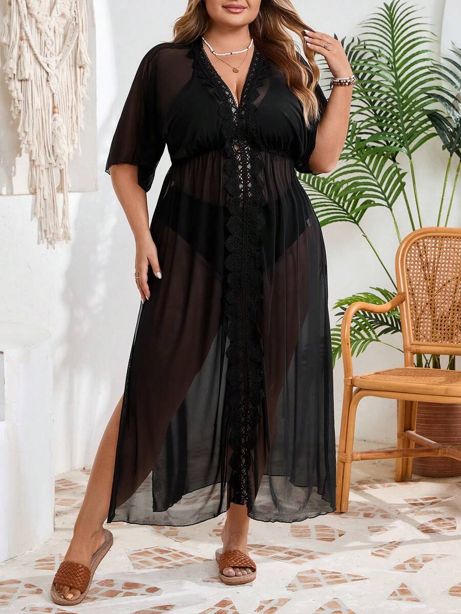 SHEIN CURVE+ Áo khoác đi biển màu đen trơn viền dành cho nữ cỡ lớn - màu đen - Xem 1