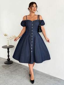 Firerie Plus Size Women's Off-Shoulder Button Design Fashionable Denim Dress,Valentine's Day,Summer,Carnival,Beach,Party,Elegant Party Dress,Going Out - Blue - View 8