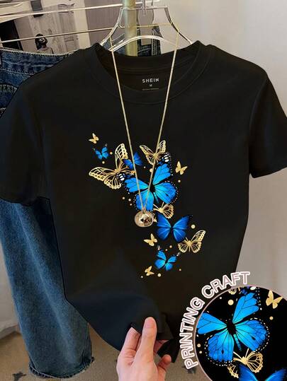 Franclia 女士休闲蝴蝶印花短袖圆领T恤，夏季