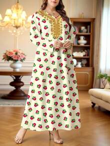 SHEIN Najma 大码女式花卉、植物和几何印花V领长袖优雅阿拉伯风格长裙，杏色，春秋季女式长袍，女式连衣裙，女式库尔塔，土耳其连衣裙 - 彩色 - 查看 4
