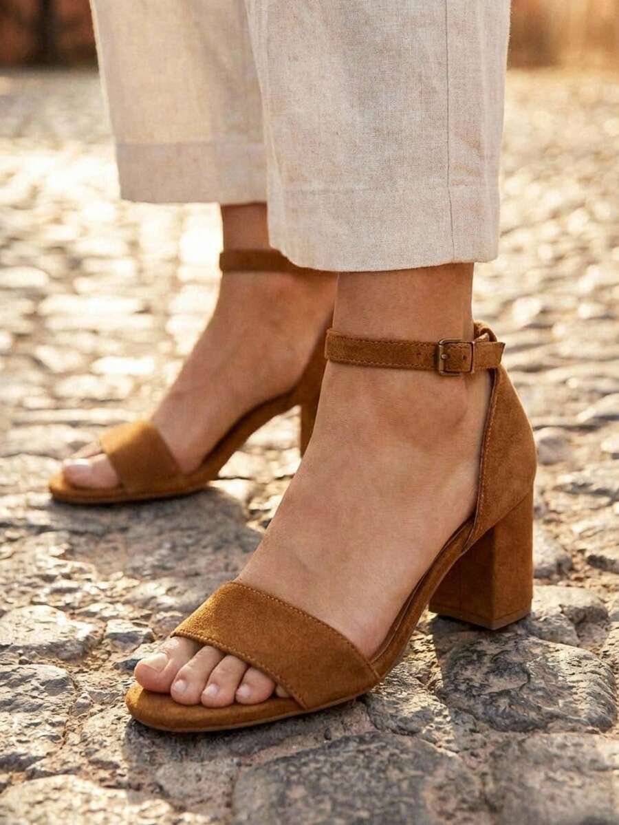 Sandalias De Tacón Grueso Simple Y Elegante Para Mujeres Con Correa De Tobillo - Gamuza café - Ver 1