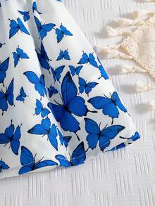 1件女婴夏季新款藏蓝色罗纹蝴蝶印花荷叶边下摆简约时尚可爱甜美无袖度假休闲连衣裙 - 藍色 - 查看 8