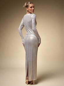 Hauture Shiny Long Sleeve Round Neck Wrap Bust Bodycon Dress For Women - Silver - View 2