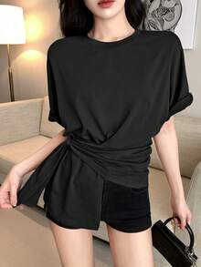 DAZY Women's Round Neck Twist Detail Short Sleeve T-Shirt, Minimalist & Fashionable For Summer - Black - View 5