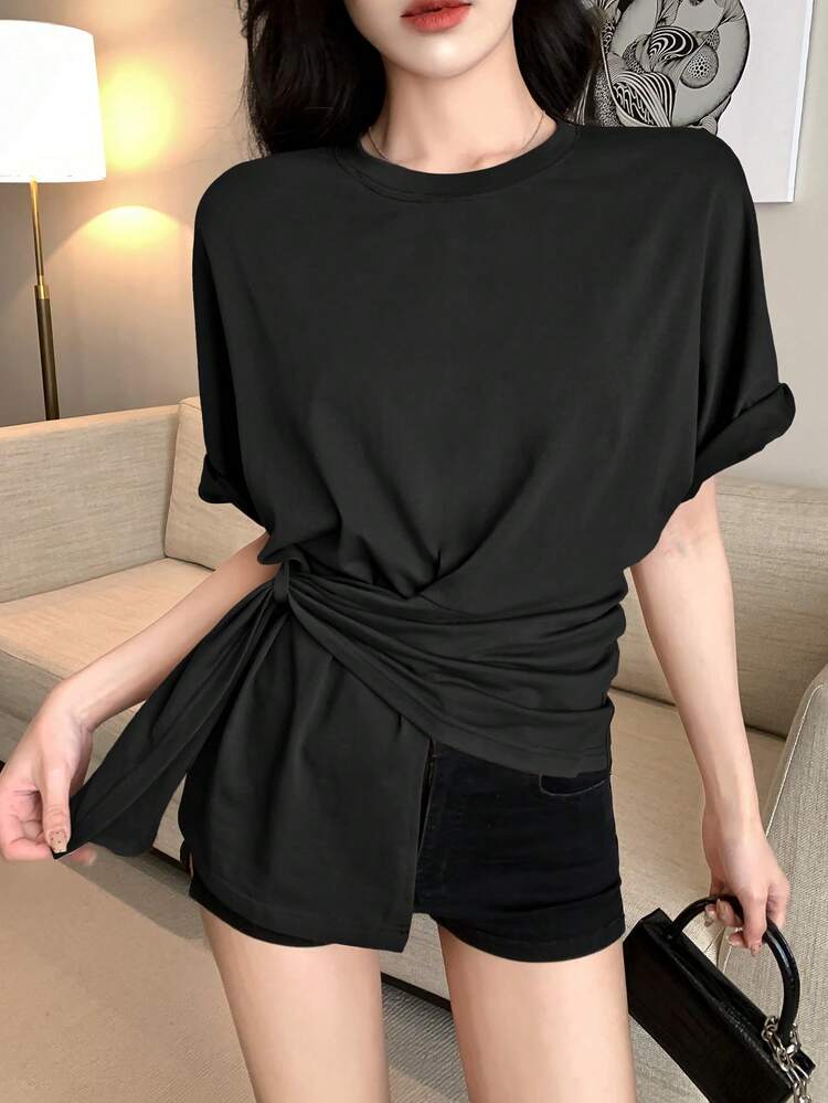 Women's Round Neck Twist Detail Short Sleeve T-Shirt, Minimalist & Fashionable For Summer