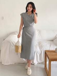 DAZY Women's Solid Color Round Neck Cap Sleeve Side Knot Casual Mid-Length Dress Sundress - Grey - View 3