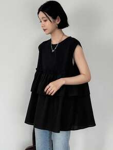 FRIFUL Women's Spring/Summer Short Sleeve Solid Color Layered Ruffle Hem Casual Loose Versatile T-Shirt - Black - View 7