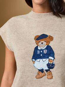 Briarwyn 2026新款女士休闲日常小熊刺绣优雅短袖针织衫，复古风格，度假风，适合夏季穿着，针织毛衣 - 杏色 - 查看 8