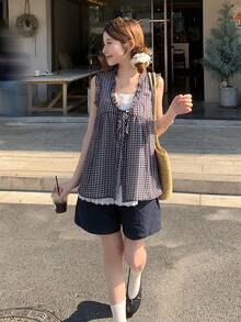 DAZY Women's Plaid Patchwork Short Sleeve Top, Fresh And Youthful Korean Style, Summer - Black and White - View 10
