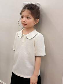 DAZY Young Girl Peter Pan Collar Short Sleeve Solid Color Korean Style T-Shirt Summer - Apricot - View 2