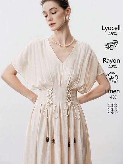 Aalyst Women's Tencel Linen Shirred Front Pleated Tie-Up Beaded Decor Adjustable Waist A-Line Loose Fit Short Sleeve Maxi Dress, Elegant French Romantic Vintage Style, Suitable For Commute, Business, Beach, Casual, Versatile, Wedding, Valentine's Day, Afternoon Tea, Party, Spring/Summer