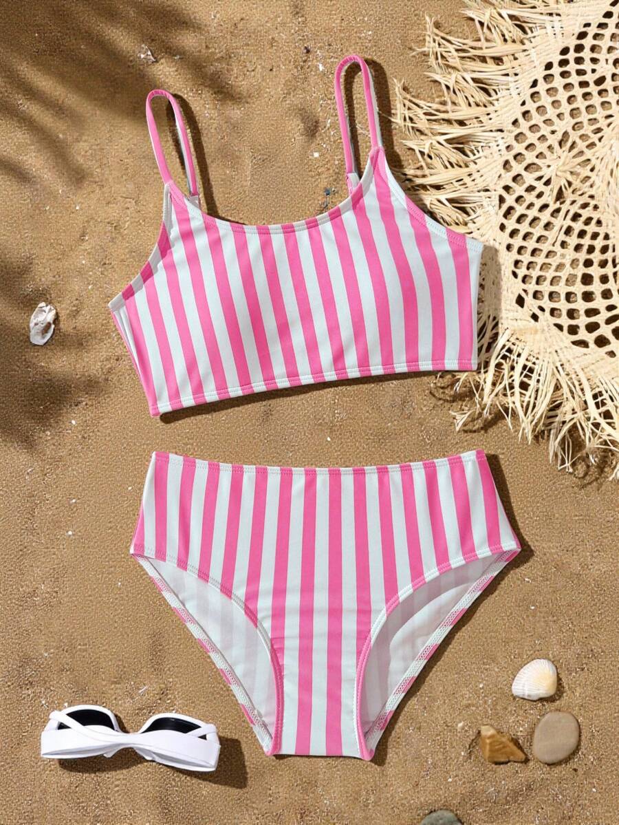 SHEIN Tween Girls Bikini Sets,Girls' Casual And Vacation Swimsuit, Featuring A Rose Red Striped Digital Print Polyester Fabric, Double Shoulder Straps, And A Two Pieces Set Consisting Of A Tank Top And Briefs. Stylish, Casual, Exquisite, And Elegant, Perfect For Swimming, Summer Vacations, Beach Trips, Poolside Fun, Summer Parties, And Leisure Activities. Teen Girl Swimsuit 2 Piece High Waist Swimsuit Set Tween Girl Bathing Suit Two Piece Striped Bikini Set Modest Bikini Set - Hot Pink - View 1