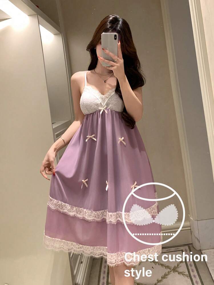 Lace Patchwork Sleeveless Camisole Nightgown For Women