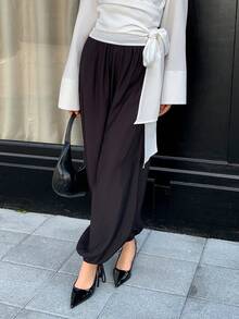 Solavon 黑色灯笼裤，黑色松紧腰阔腿抽绳裤脚裤 - 休闲裤，适合旅行、工作和街头时尚造型，女士休闲百搭纯色抽绳宽松裤，百搭黑色长裤，周末穿搭灵感，时尚休闲裤 - 黑色 - 查看 5