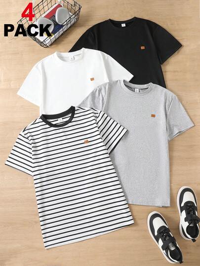 SHEIN 青少年/男童纯色短袖T恤，适合日常穿着，纯色设计，经典圆领，柔软舒适。