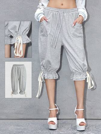 ROMWE Avant Mehrschichtige Capri-Hose mit Kordelzug und ausgefranstem Saum