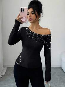 Elenzga Áo nữ tay dài lệch vai, hở vai, kiểu dáng thường ngày, trang nhã với điểm nhấn ngọc trai, thích hợp cho các bữa tiệc sang trọng, mùa thu, đông, xuân. - màu đen - Xem 6