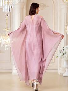 Al Najma Women's Solid Color Off-Shoulder Split Sleeve Loose Turkish Maxi Dress Kaftans For Women - Pink - View 8