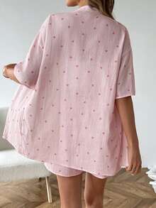 SHEIN LUNE 两件套女士休闲100%纯棉爱心印花短袖开衫和短裤套装 - 彩色 - 查看 2