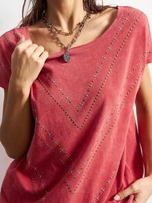 Bohemela Camiseta de mujer de cuello redondo de punto liso rojo con decoración de rhinestones y acabado lavado, ideal para el Día de San Valentín, vacaciones y verano - Naranja Coral - Ver 4