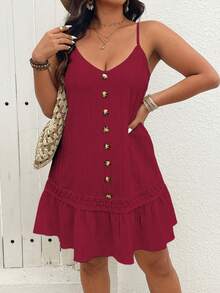 SHEIN Clasi Đầm hai dây cỡ lớn, cổ chữ V, không tay, cài cúc phía trước, viền bèo nhún, chất liệu vải dệt họa tiết. - Màu Đỏ Sâu - Xem 7