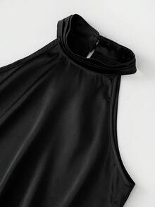 Franclia 黑色缎面蕾丝拼接不对称性感别致无袖上衣/吊带衫/度假/时尚吊带背心 - 黑色 - 查看 4