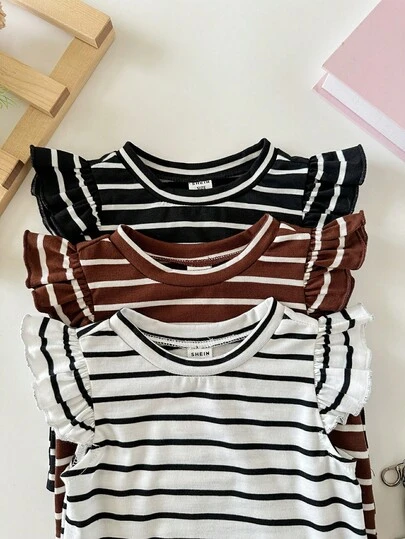 SHEIN Buy Two Get One Free 3-Piece Baby Girl Cute And Versatile Casual Knit Striped Round Neck Fitted Top Three-Piece Set, Comfortable, Casual, Versatile, Fashionable For Everyday Wear. Suitable For Birthday Parties, Parties, Performances, Weddings, Baptisms, School Opening Ceremonies, Indoor And Outdoor Activities, Daily Life, Sports, Play, Parties, Photo Shoots, Vacations, And Holidays. Also Suitable For Spring And Summer.