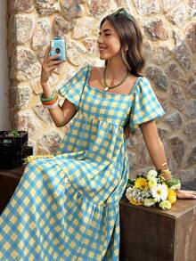 Selianne 黄绿格纹方领泡泡袖长款连衣裙 - 复古波西米亚风，适合度假、日常出行和休闲穿着，女士春夏连衣裙 - 彩色 - 查看 5