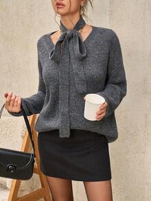 INAWLY Women's Solid Color Drop Shoulder Long Sleeve Casual Loose Knit Sweater, Autumn/Winter - Grey - View 5