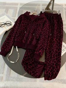 Resyla 2pcs Leopard Print Casual Hooded Zip-Up Sweatshirt Set, Gift For Friends - Burgundy - View 1