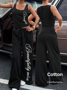 Muchica 女士字母印花方领背心和抽绳腰阔腿裤运动休闲套装 - 黑色 - 查看 3